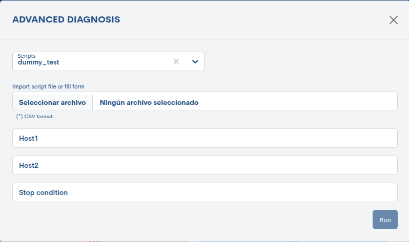 Imagen de la ventana Advanced Diagnosis con un script seleccionado y los campos del formulario sin rellenar.