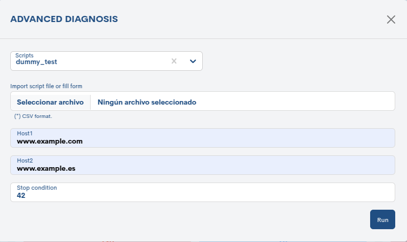 Imagen de la ventana Advanced Diagnosis con un script seleccionado y los campos del formulario rellenos.