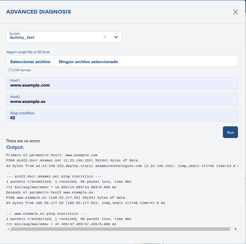 Imagen de la ventana Advanced Diagnosis con la salida tras la ejecución del script